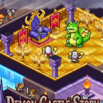 Screenshot of Demon Castle Story showing castle building heroes battling monsters interface menus strategy elements colorful pixel art on PC