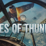 Screenshot shows Aces of Thunder PC gameplay with fighter plane in sky during dogfight over clouds with realistic cockpit view